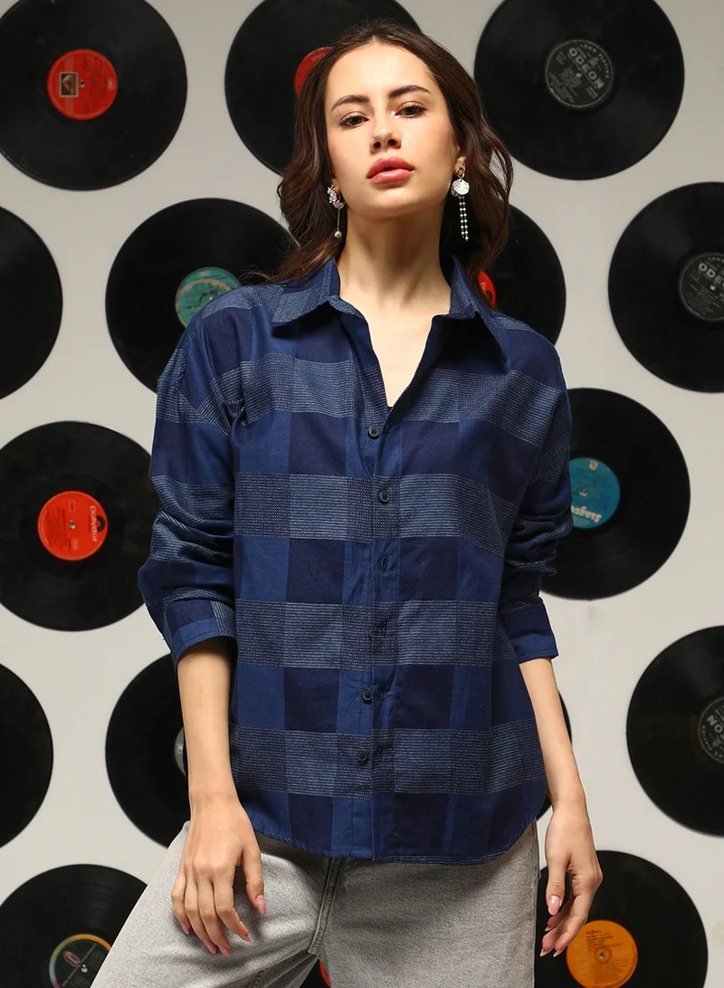 كامبوس سوترا Women's Steel Blue Buffalo-Check Oversized Shirt For Casual Wear | Spread Collar | Long Sleeves | Button Closure | Oversized Shirt Crafted With Comfort Fit For Everyday Wear
